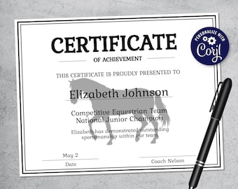 Editable Horse Certificate Template - Printable Equestrian Gift for Champion - Personalized 4H Horse Award Certificate -  Horse Club Gifts