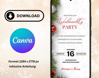 May include: A smartphone displaying a Christmas party invitation. The invitation features festive decorations, including red and silver ornaments, and evergreen branches. Text includes "Weihnachts PARTY" and event details.