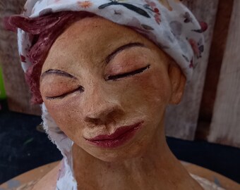graceful female bust, ceramic bust woman, ceramic sculpture, hand-made bust, pottery handmade, decorative female sculpture, unique