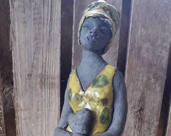 African sculpture with heart, clay sculpture, unique female figure, ceramic art, ceramic figure woman, decorative ceramic, unique sculpture