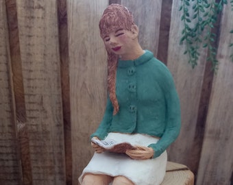 sitting clay sculpture, sculpture woman, ceramic figure woman, ceramic sculpture, decorative figure, ceramic handmade, reading girl on wood