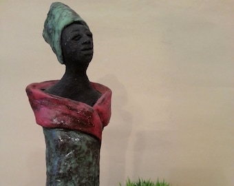 African ceramic sculpture, ceramic art, art object, handmade clay sculpture, handcrafted ceramic, unique figure, one-of-a-kind clay piece