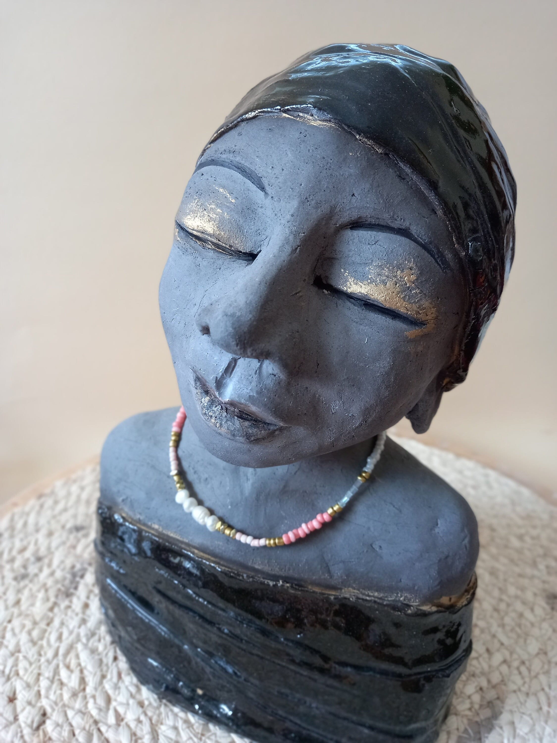 distinctive female head, handmade bust, ceramic sculptures, clay sculptures, unique figure, decorative figure, handmade sculpture