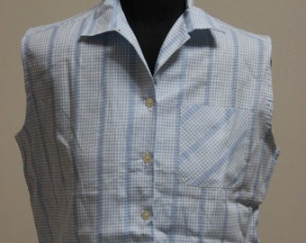 Vintage 1960's 70's Ladies Light Blue Checkered Sleeveless Blouse NOS Rockabilly Mod Size 34