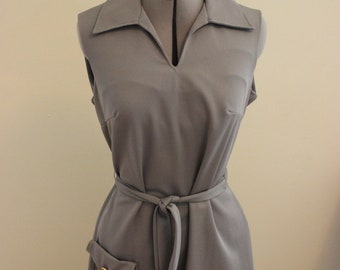 ladies vintage 1970&#39;s sleeveless grey v neckline belted liberty circle dress