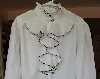 Vintage Briar Michele Women's Jabot Collar Secretary Ruffled Blouse Button Up Long Sleeve, White w/ Black Lining. Size 42/Large.