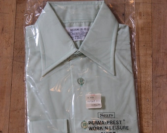 Sears Mens Light Green Shirt Perma - Prest Work &#39;N Leisure Long Sleeves Medium 15 - 15 1/2