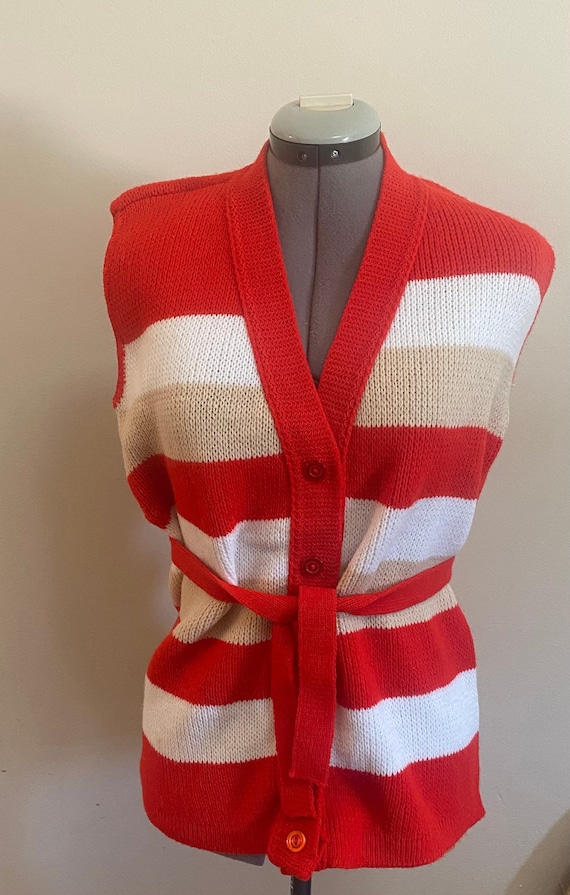 Vintage 1970's Sweater Vest Red, Beige, White Stri