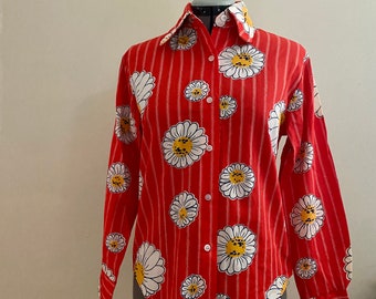 Vintage 1960s 70s Ladies  Red Floral Long Sleeved Blouse Rockabilly Mod Size 14 NOS
