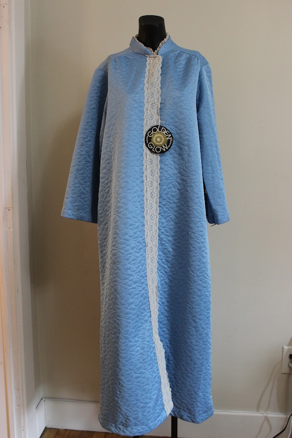 Vintage 1970s Quilted Blue Bath Robe Golden Glow L