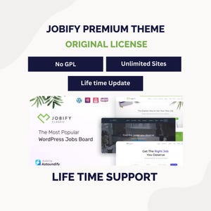 Könnte beinhalten: Werbebild für das Jobify Premium Theme mit dem Text "Original License". Das Bild enthält die Sätze "No GPL", "Unlimited Sites", "Life time Update" und "Life time Support". Es zeigt auch Website-Mockups.
