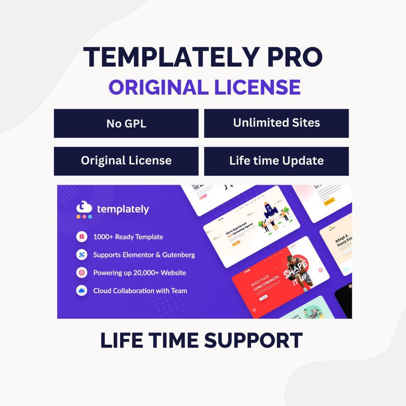 May include: A promotional graphic for Templately Pro, featuring the text "Original License" and details like "1000+ Ready Template" and "Life Time Support." The design uses a purple and white color scheme with website mockups.