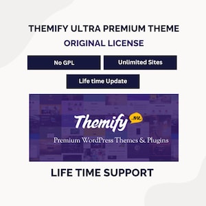 Può includere: Immagine promozionale per temi e plugin WordPress Themify. L'immagine presenta il testo "THEMIFY ULTRA PREMIUM THEME" e "ORIGINAL LICENSE". Il testo aggiuntivo include "No GPL", "Unlimited Sites", "Life time Update" e "LIFE TIME SUPPORT". È presente anche il logo Themify.