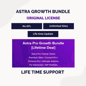 Puede incluir: Un anuncio digital del paquete Astra Growth. La imagen presenta texto sobre un fondo blanco con acentos morados y negros. Las características clave incluyen "Licencia original", "Sin GPL", "Sitios ilimitados" y "Actualización de por vida."