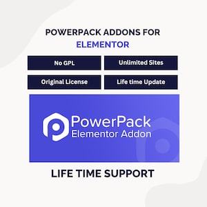 Może przedstawiać: Grafika z tekstem "POWERPACK ADDONS FOR ELEMENTOR" i logo PowerPack. Obraz zawiera frazy "No GPL", "Unlimited Sites", "Original License", "Life time Update" i "LIFE TIME SUPPORT". Tło jest białe z niebieskimi i fioletowymi akcentami.