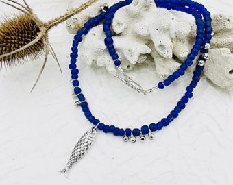 medium-length chain fish pendant Indonesian glass beads