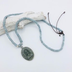 medium-length necklace Buddha patina slate Indonesian glass beads