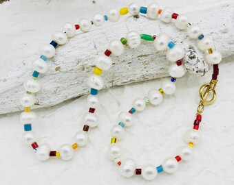 short necklace white freshwater pearls with African glass beads