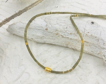 short delicate necklace jade tubes olive gold boho fine jewellery