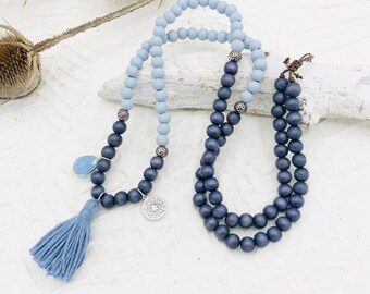 long chain wooden beads blue tassel crystal pendant oriental