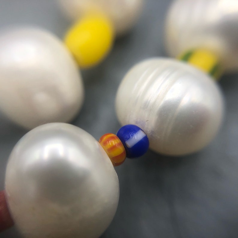 short chain freshwater pearls white with African glass beads