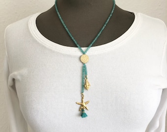 medium length chain crystals turquoise starfish shell tassel