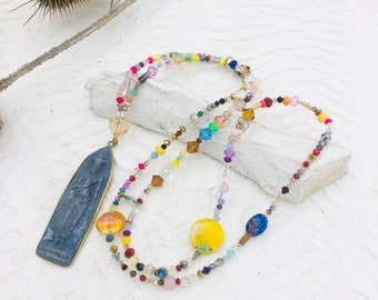 long chain, Buddha chain, pearl mix, colorful crystals