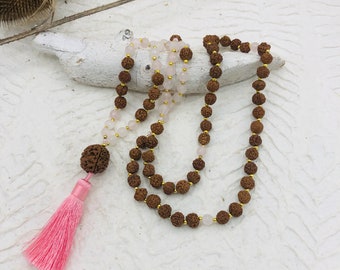 long chain tassel rudraksha rose quartz mala style