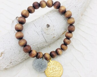 Bracelet Vintage Wooden Beads brown Pompom grey Coin oriental