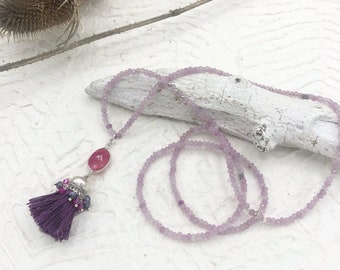 long necklace lilac jade natural stone pendant ethno tassel lilac agate pink