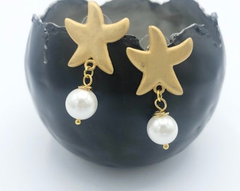 Earrings Earrings Starfish Matt Gold Pearl Statement