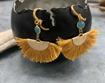 Earrings Fan tasseo ochre turquoise gold boho