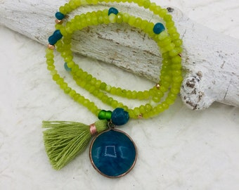 Wrap bracelet jade rondelle kiwi green glass beads petro pendant agate tassel