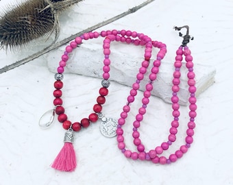 lange Kette Holzperlen rot Howlite pink Achat Quaste Anhänger