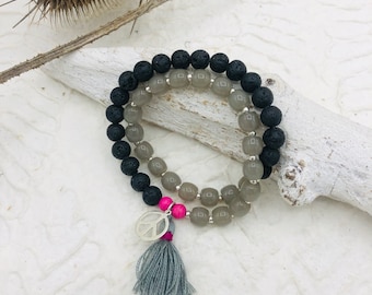 Wrap bracelet lava beads black glass beads gray real silver peace pendant tassel