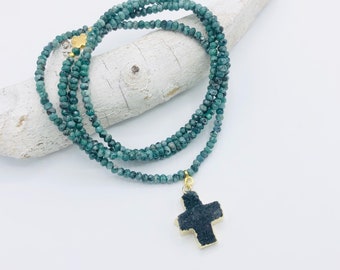 lange Kette Jade  grün Drusenachat Kreuz