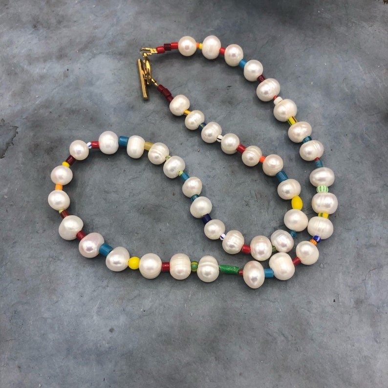 short chain freshwater pearls white with African glass beads