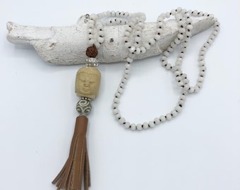 long chain leather tassel Buddha Rudraksha Jade knotted