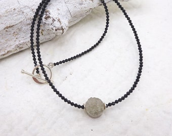 Short necklace black spinel druse agate real silver