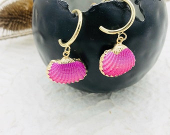 Earrings shell pink creole stainless steel gold