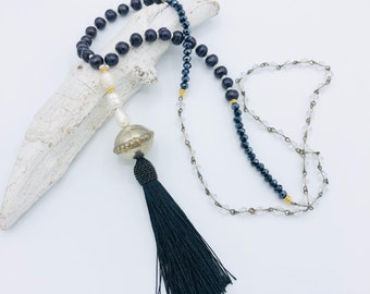 Long necklace, black and white freshwater pearls tassel necklace