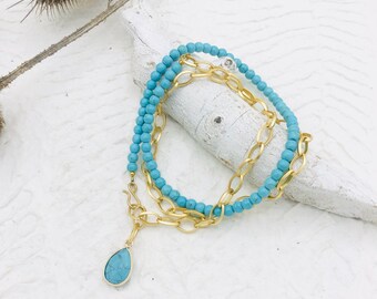 long chain link chain natural stone turquoise Y chain