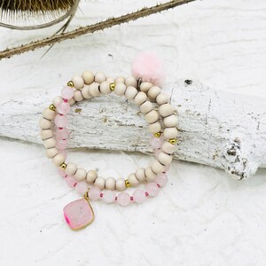 Wrap bracelet, wooden beads, white wood, rose quartz, sterling silver