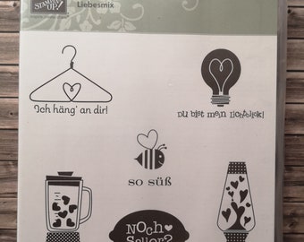 Stampin up Stempelset Liebesmix 6 Stempel deutsche Texte Kleiderbügel Mixer Zitrone Biene Glühbirne Imkerei Shaker Thermomix Schneiderei