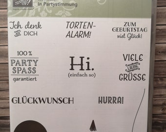 Stampin up Stempelset In Partystimmung 12 Stempel deutsche Texte Geburtstag Party Einladung Kindergeburtstag Jubiläum Einschulung Geburt