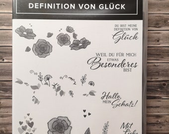 Stampin up Set de Tampons Définition du Bonheur 13 Tampons Transparents Timbres Textes Allemands Mariage Saint Valentin Fête des Pères Fête des Mères Trésor des Cœurs