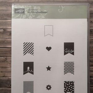 Stampin up Set di timbri in Flag Fever 10 timbri in gomma Testi tedeschi Bacio Ciao Compleanno Gagliardetto Nascita Baby Boy Girl Iscrizione Laurea