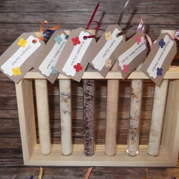 6 flower sugars of your choice in the test tube stand