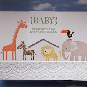 Biglietto neutro per la nascita, biglietto per bambino, bimbo, figlio, figlia, ragazza, congratulazioni, biglietto di auguri, biglietto pieghevole, arca di Noè, animali con testo scritto
