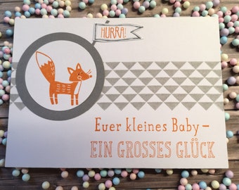 neutrale Karte zur Geburt / Babykarte Baby Mädchen Junge Fuchs Orange Grau Glückwunschkarte Babykarte Grußkarte Windelgeld Geldgeschenk süß